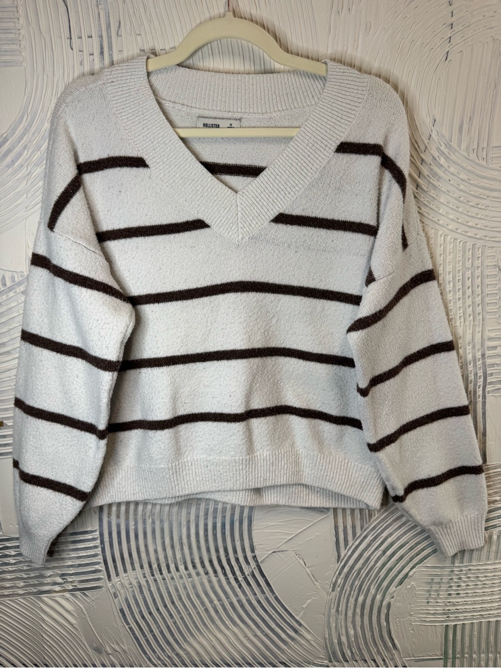 Hollister White V-Neck Sweater with Brown Stripes